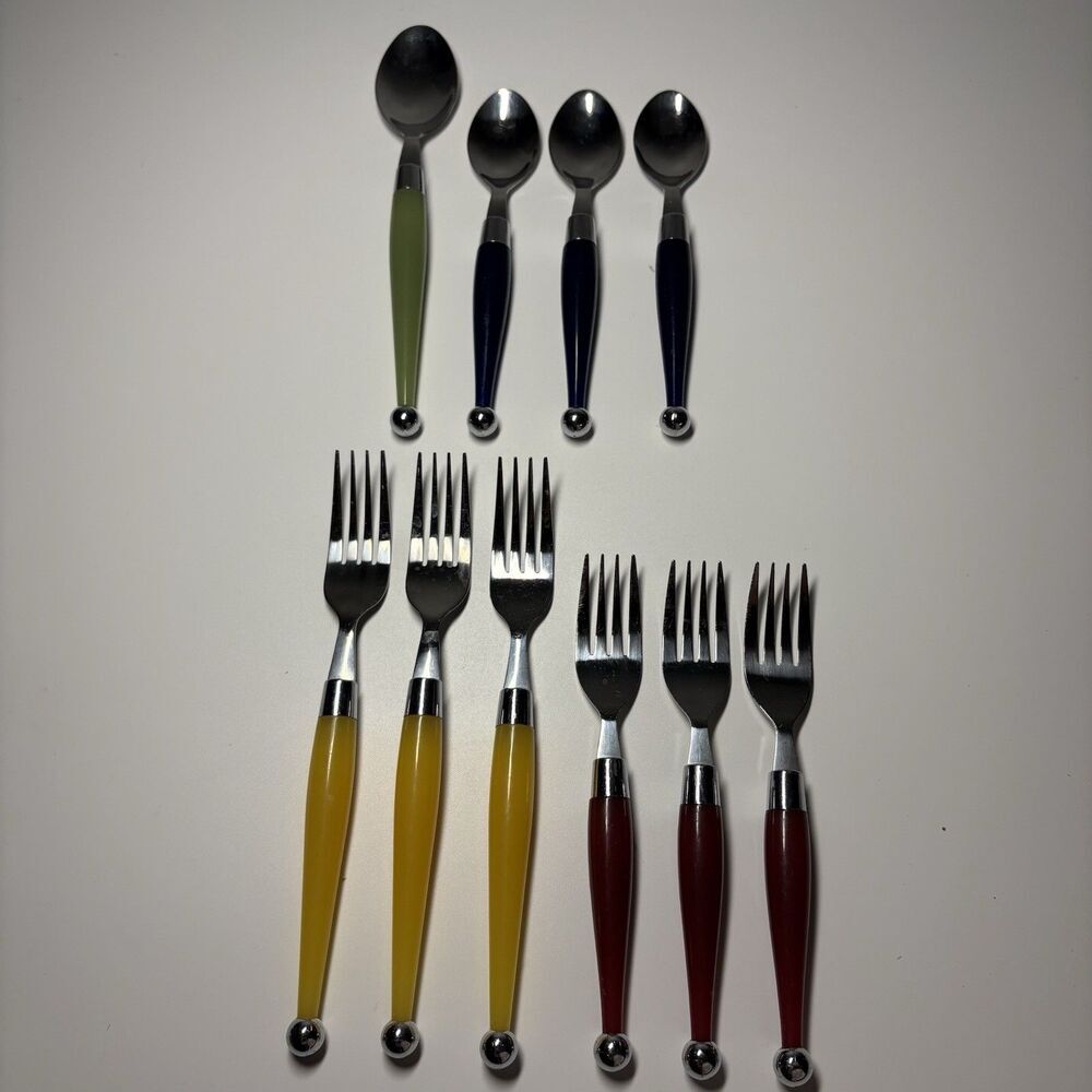 Vintage Retro Cambridge Stainless Flatware, Multi Color Lucite Handles 10-piece